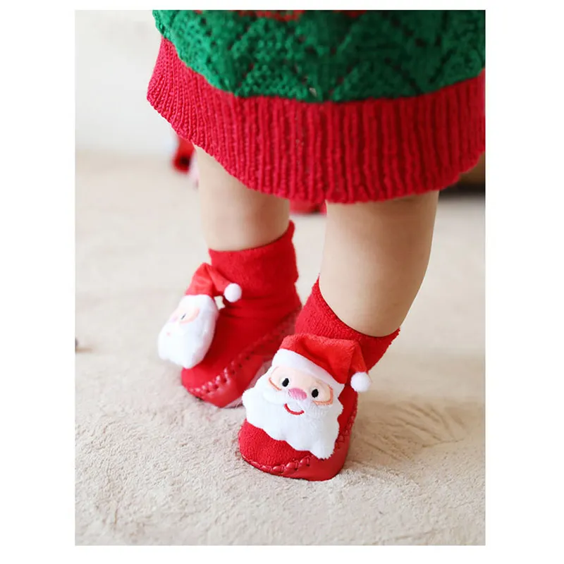 Рождественские носки для малышей с резиновой подошвой, нескользящие носки-тапочки для малышей осенне-зимние Носки с рисунком для маленьких мальчиков и девочек