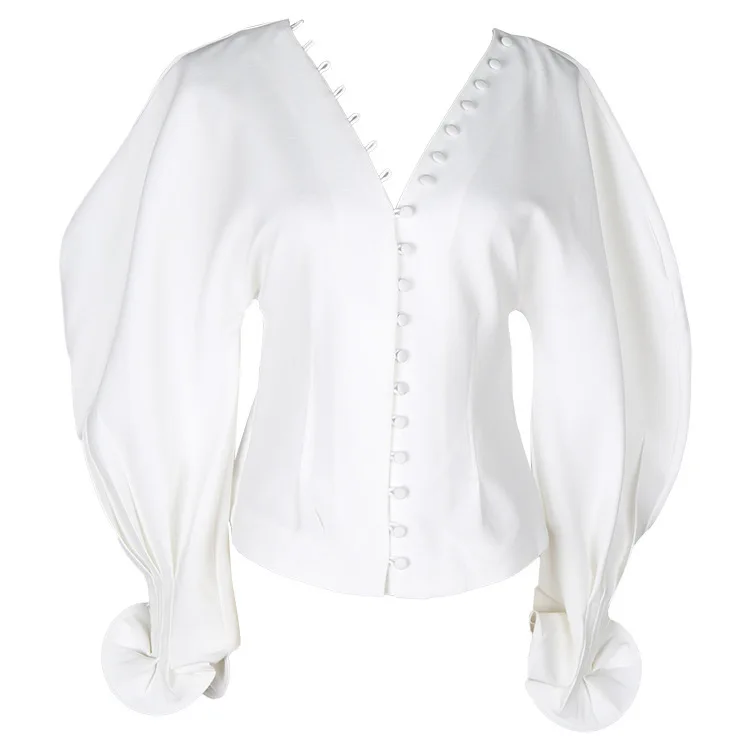 [EAM] 2019 New Spring Summer V-collar Long Puff Sleeve White Loose Button Stitch Temperament Shirt Women Blouse Fashion JI005