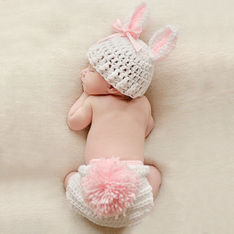 

New Arrival Baby Girl Crochet Photography Props Costumes Infant Hat And Pants Clothing 2pc Set Soft Rabbit Photo Accessories