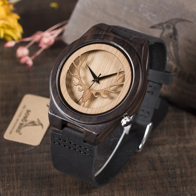 BOBO BIRD Leather Strap Black Wooden Quartz Watches Hollow Design Clock Luxury Men Brand Wrist Watch relogio masculino C-B18 BOBO BIRD Leather Strap Black Wooden Quartz Watches Hollow Design Clock Luxury Men Brand Wrist Watch relogio masculino C-B18