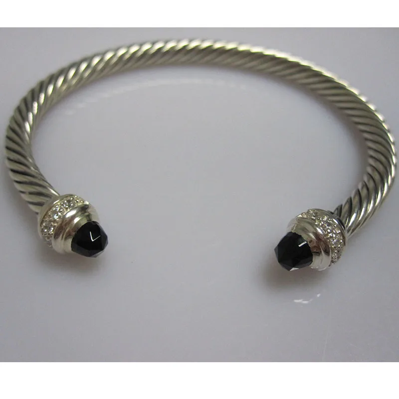 

925 Silver Jwelry 5mm Cable Silver Bracelet with Black Onyx,Blue Topaz Rose Quartz,Garnet,Pearl,Morganite Bracelet