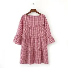

Women oversized pleated plaid dress summer elegant checkered flare sleeve loose casual sweet dresses vestidos