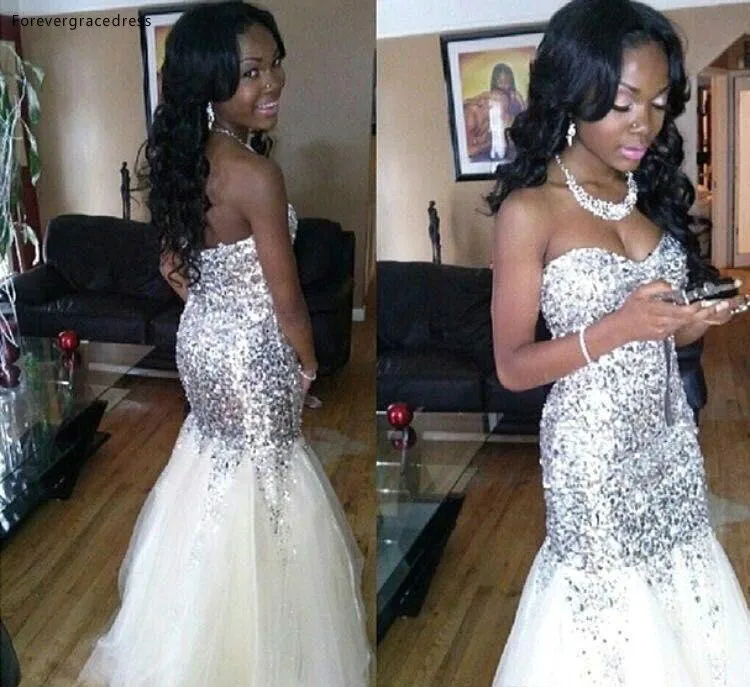 Sparkly Long Mermaid Prom Dresses for Black Girls 2019 Bling Silver Sequin White Tulle African Evening Gowns Graduation Dress BC1174  148 (2)