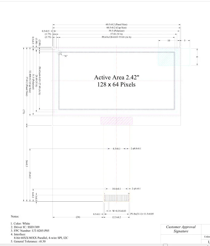 2,42 дюймов oled-дисплей 24pin плагин SSD1309 128*64