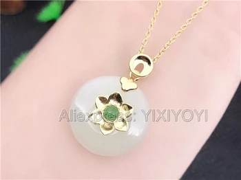 

Beautiful 925 Sterling Silver White HeTian Jade Round Buckle Flower Style Lucky Pendant + Chain Necklace Fine Jewelry Charm Gift