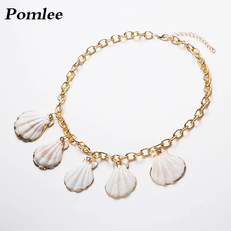 

Pomlee 2019 Fashion White Shell Pendant Necklace Gold Tone Link Chain Collar Choker Summer Party Statement Necklace for Women