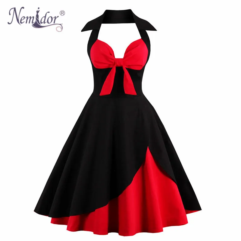 Retro Vintage Dress Halter Sleeveless Patchwork Hepburn Style Dresses For Women