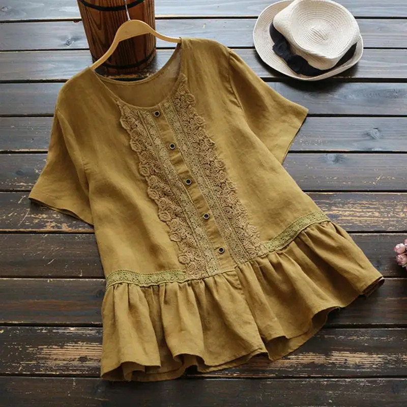 ZANZEA, летние винтажные топы, женская блузка с коротким рукавом и оборками, повседневная Однотонная рубашка на пуговицах, Женская Кружевная блуза, Топ - Цвет: Цвет: желтый