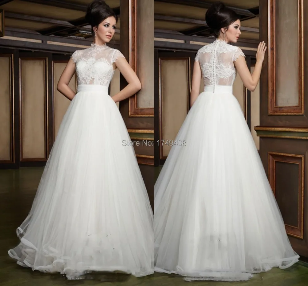 short sleeve high neck bridal gowns
