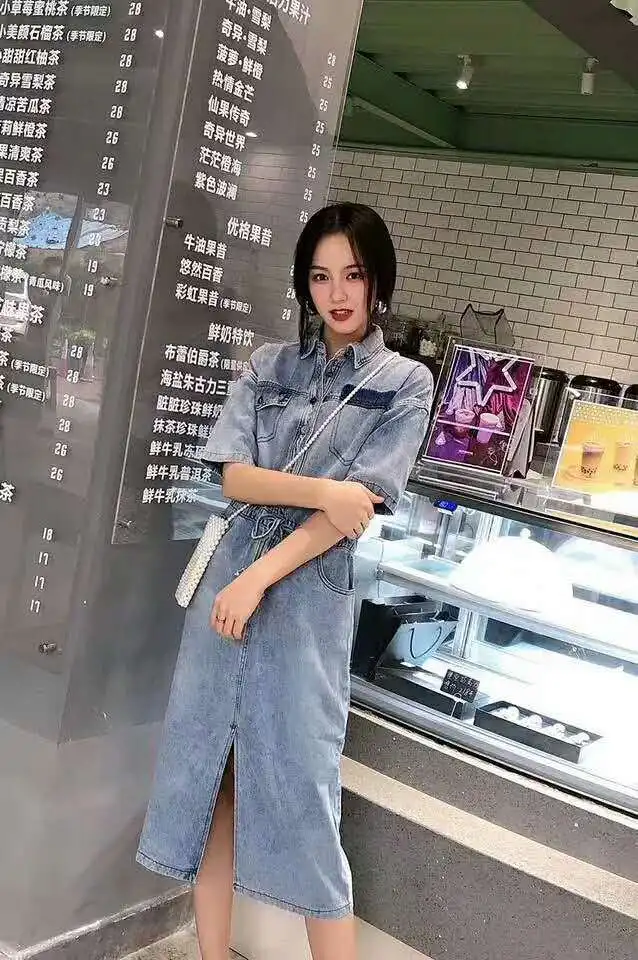 Bodycon Plus Size Denim Dress Women Summer Short Sleeve Sashes Elastic Waist Turn-down Collar Dresses Casual Loose Jeans Dress