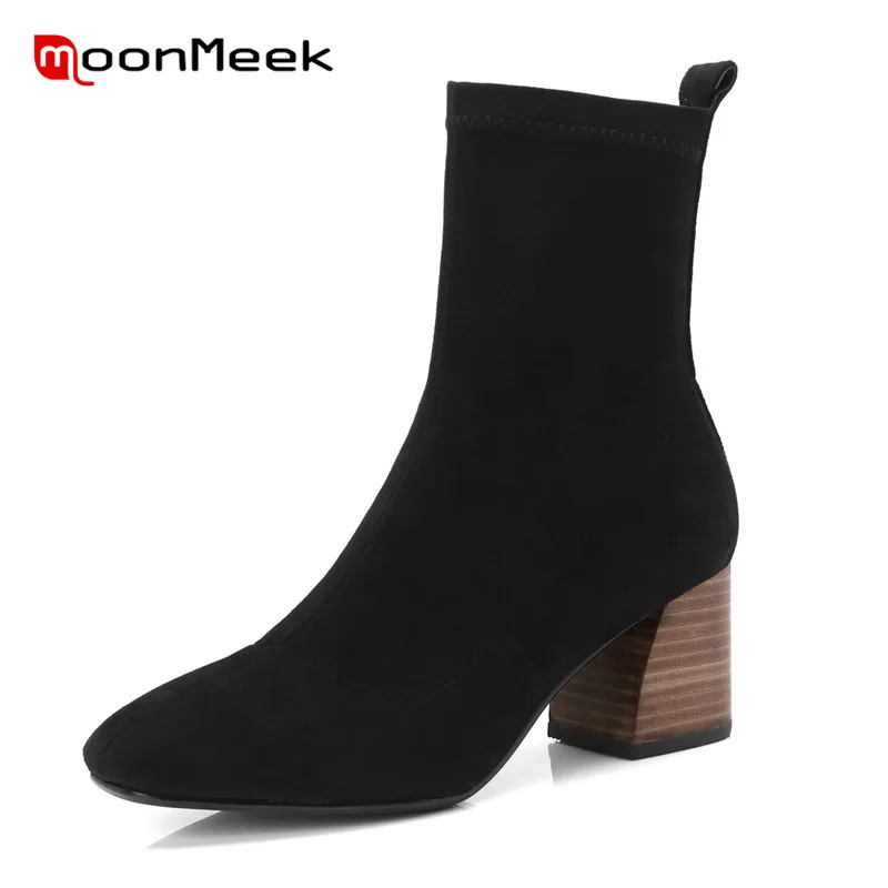 

MoonMeek 2020 hot sale autumn winter ladies boots popular round toe ankle boots fashion flock woman boots high heels shoes