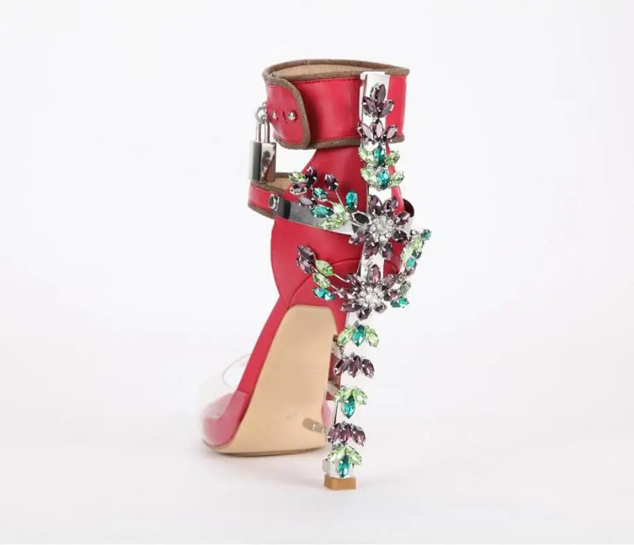 

Europe and the United States lock buckle with a transparent rhinestone high heels 2019 summer new metal sandals leather tide wom
