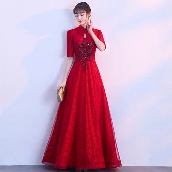 

2019 Summer Chinese Traditional Dress Qipao Long Cheongsam Design Short Sleeves China Evening Gowns Bridesmaid Dresses Wine
