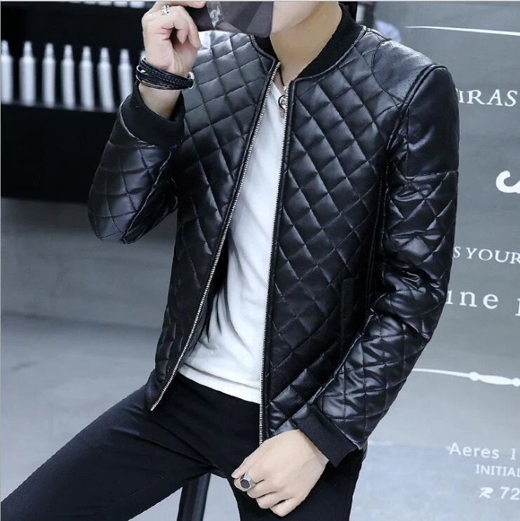 Autumn And Winter Stand Collar Breathable Short Leather Coat Men Motorcycle  Leather Clothing Thickening Plaid Pu Leather Jackets