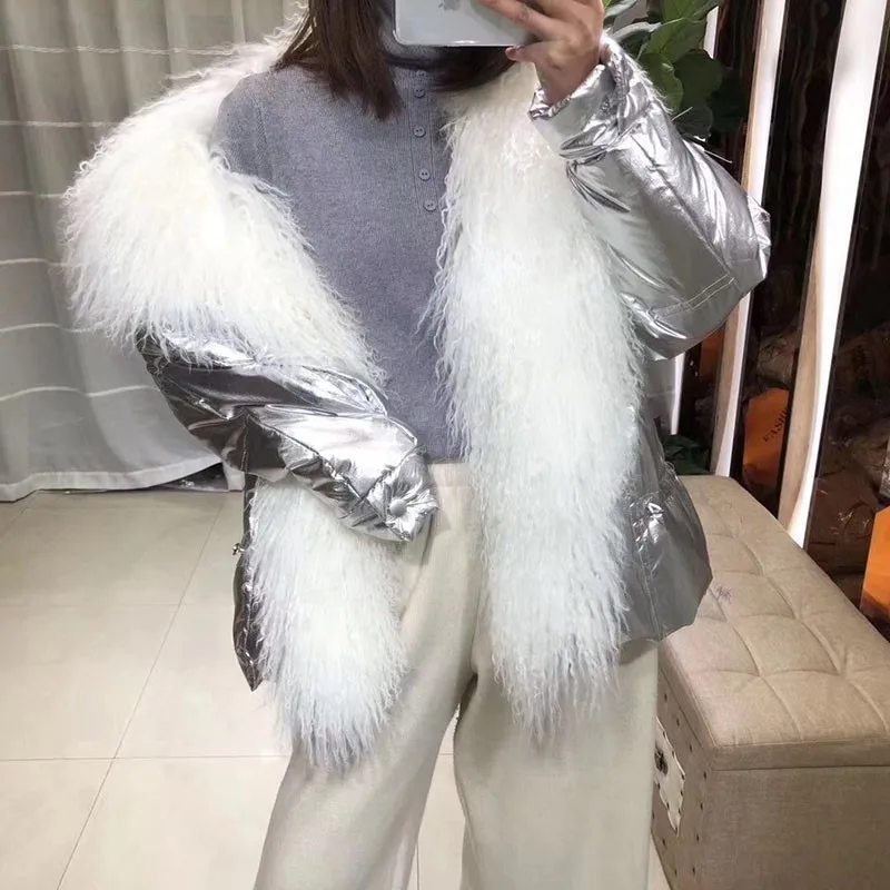Модная зимняя куртка с меховым воротником, женский свободный короткий пуховик, куртка на белом утином пуху, Толстая теплая парка casaco для женщин YRF08 - Цвет: Silver