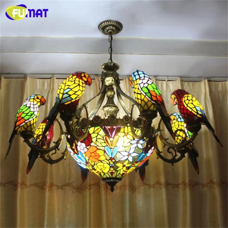 

FUMAT Parrots Chandelier European Vintage Glass Light Living Room Dining Room Stained Glass Art Birds Lamp E27 Led Chandelier