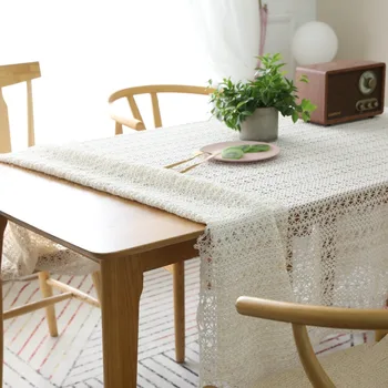 

CANIRICA Table Cloth 100% cotton Hollow Tapete Home Living Room Decoration White Table Cover Woven Rectangle Tablecloth obrus