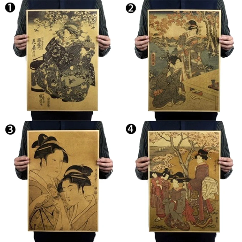 

1pc Retro Japanese Geisha Ukiyoe Vintage Kraft Poster bar cafe Decorative Painting