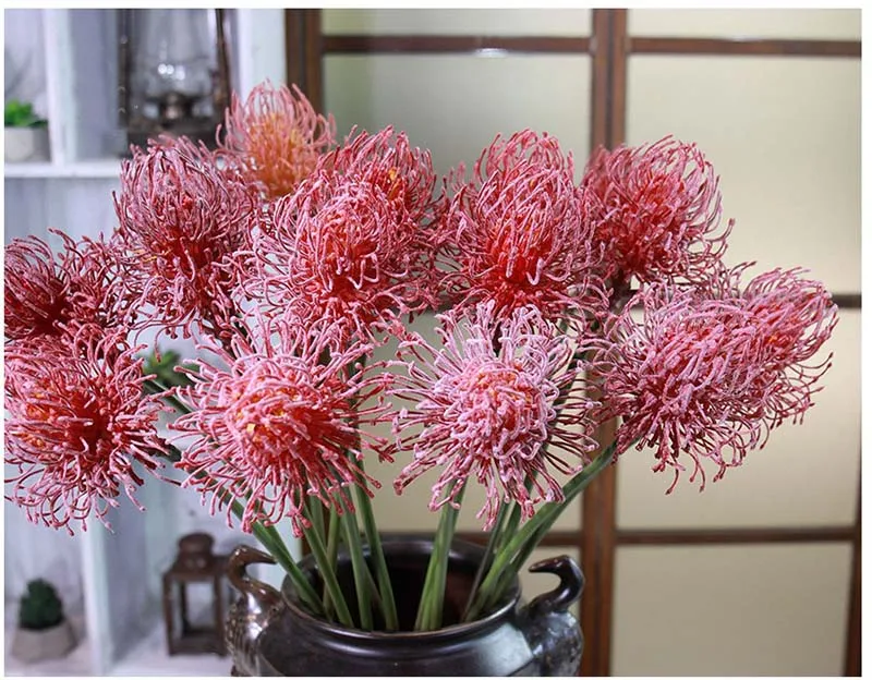 Пластиковые одна голова Leucospermum Искусственные цветы 70 см длинный мнимый цветок шар дома ваза Свадебные украшения