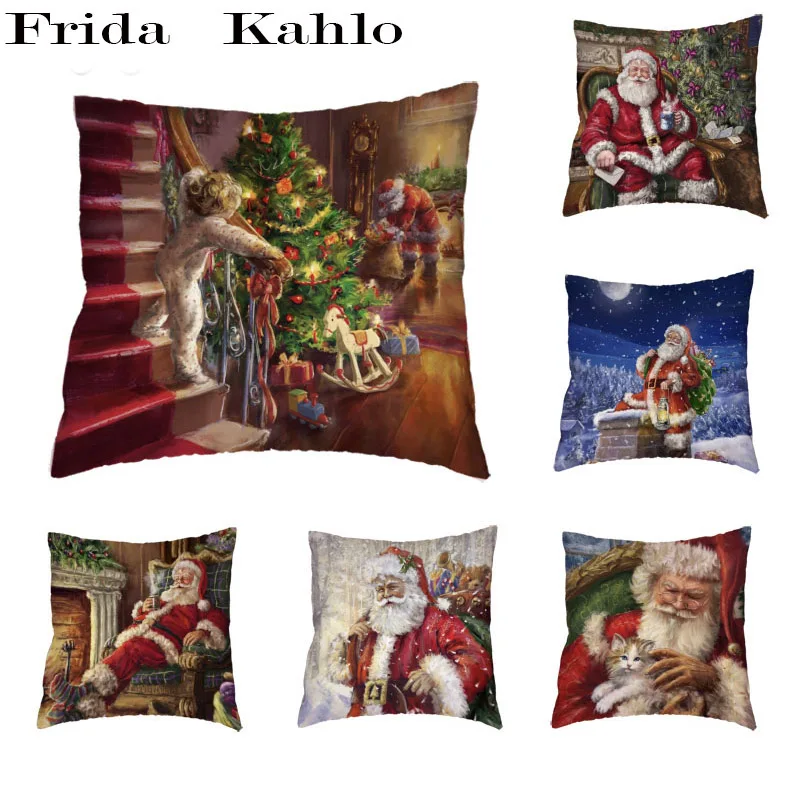 

Warm Christmas White Cushion Cover Polyester Peach skin Santa Claus Christmas Tree Kitty Puppy Gift Simple Pillow Home Decor