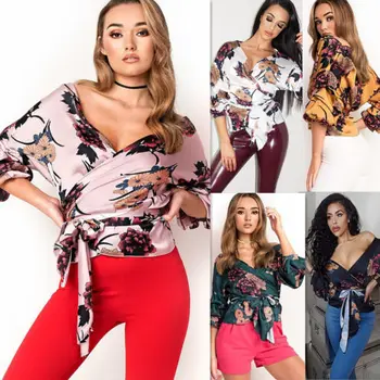 

Fashion Womens V-neck Bowknot Blouse Shirts Crop Tops Ladies Summer Party Sexy Bandage Floral Print Tuxedo Satin Blouses Shirts