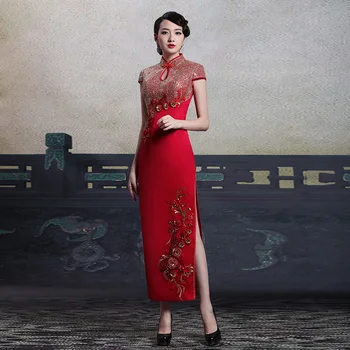 

Nevolity Sequins Party Dress Women Sexy Slim Split Qipao Vintage Mandarin Collar Cheongsam Traditional Handmade Button Vestidos