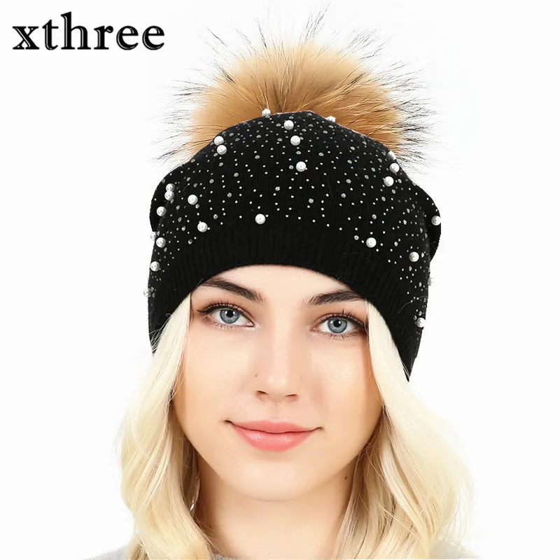 Женская шерстяная вязаная шапка [Xthree]|wool knitted hat|fur hatknitted hat |