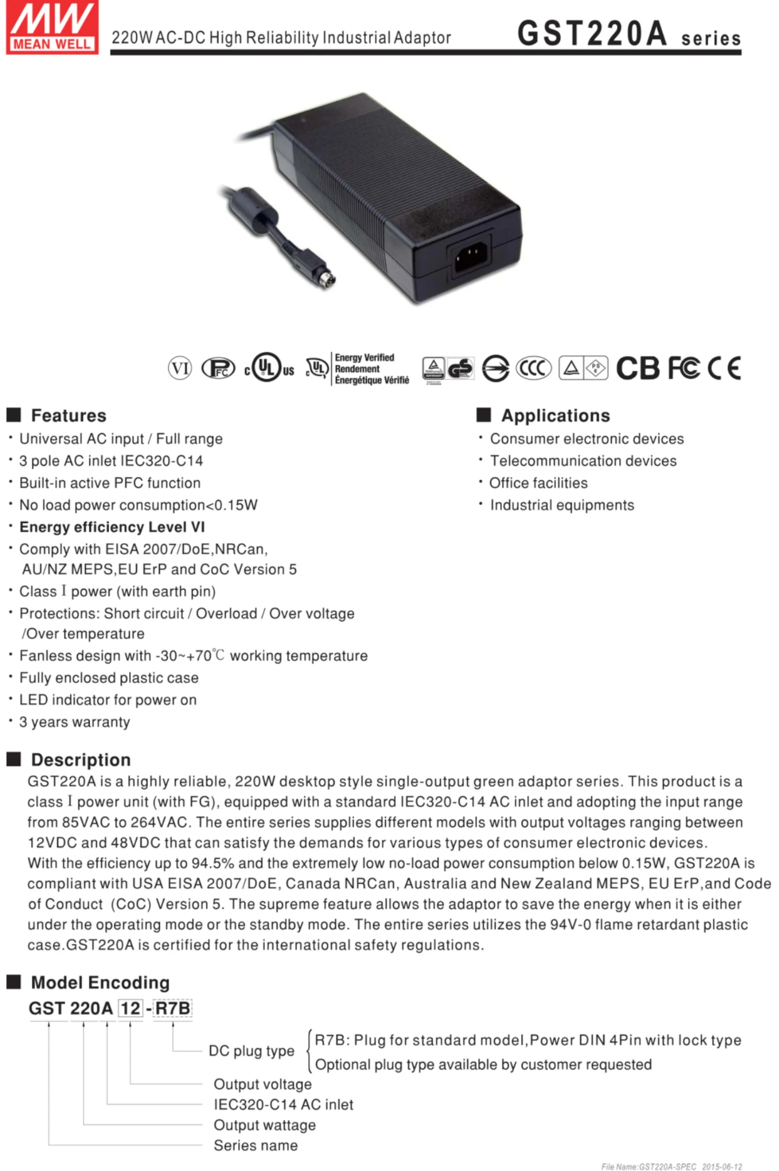 Mean Well Tischnetzteil Festspannung GST220A24-R7B 24 V/DC 9.2 A 220 W Mean Well Tischnetzteil Festspannung GST220A24-R7B 24 V/DC 9.2 A 220 W