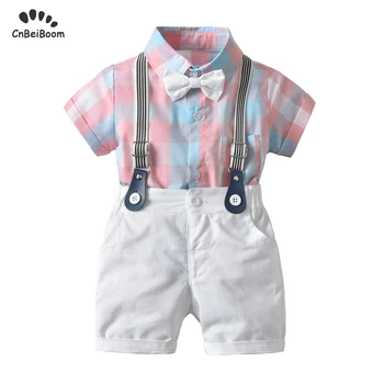 

Baby Boy Romper Clothing Sets 2020 New Newborn Infant Gentleman suits pink Tie jumpsuit+Overall 3PCS Bebes Outfits Set Clothes