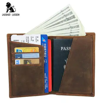 

LAOSHIZI LUOSEN Crazy Horse Genuine Leather Passport Cover Men Wallets Credit Bank Card Holders Cover Travel Wallet Male 2018