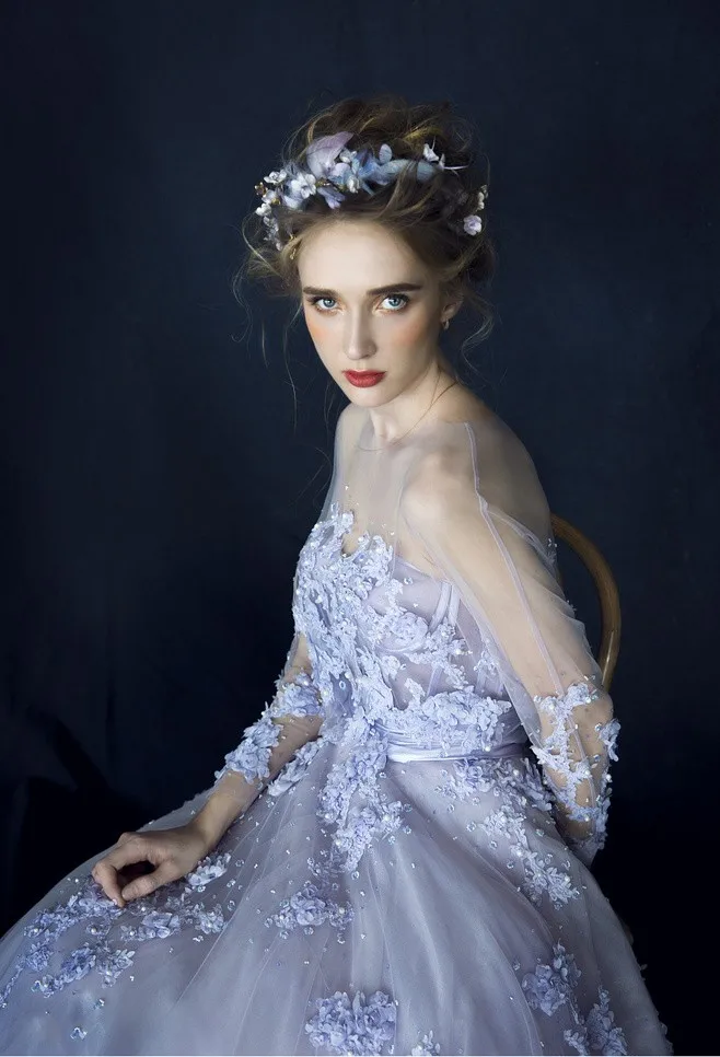 Small pure and fresh and sweet Round collar Applique Wedding Dresses