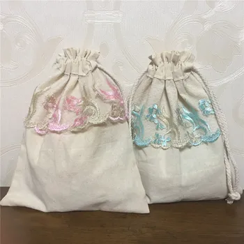 

YILE Handmade Solid Cotton Drawstring Organizer Bag Embroidered Lace Trim Gift Bag 8023g