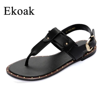 

Ekoak New Fashion Leather Sandals women Summer Ladies Dress shoes woman Beach Shoes Flat Sandals flip flops women