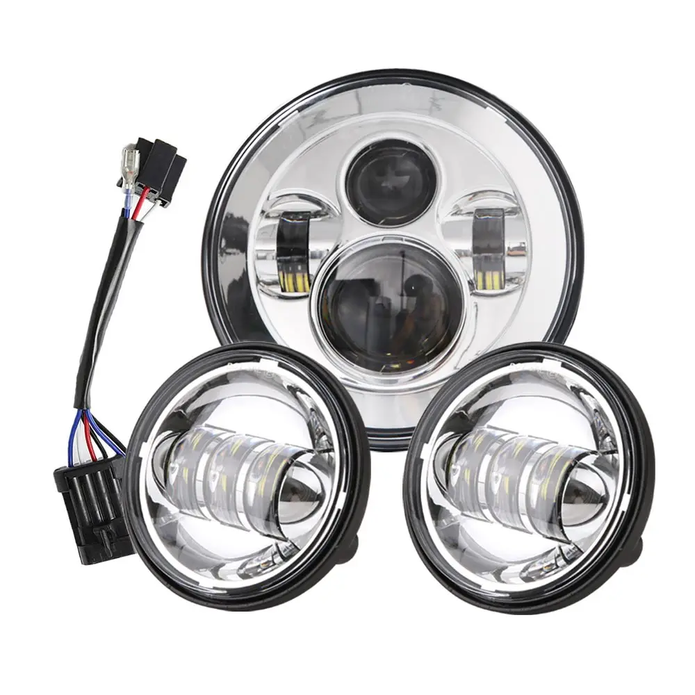 7 Inch Chrome LED Headlight+ 2x 4-1/2&quot Fog Light Passing Lamps for Motorcycle |