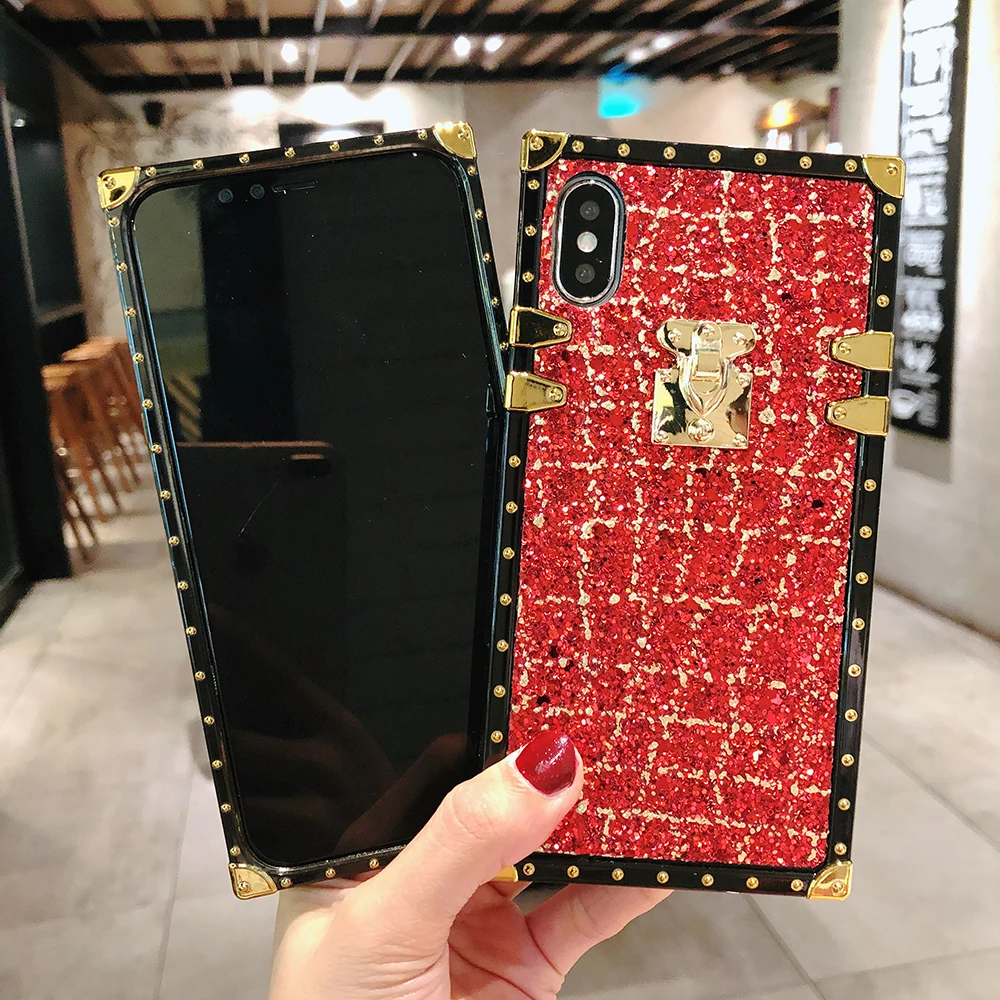 Aoweziic Luxury Glitter Metal Square Phone Cases For iPhone X XS XS MAX XR 7 8P 6 6s Plus Cover Fashion Plaid Shiny Powder Case