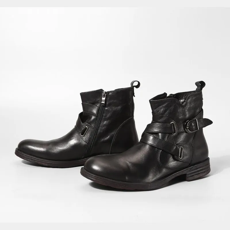 Мужские ботильоны из натуральной кожи на молнии сбоку в стиле ретро; Роскошные брендовые ботинки в байкерском стиле с круглым носком; цвет черный, коричневый; повседневные ботинки с пряжкой в деловом стиле
