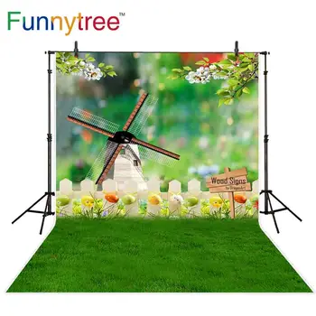 

Funnytree Easter photography backdrops windmill green lawn colourful eggs Fence wood sign newborn baby photo studio background