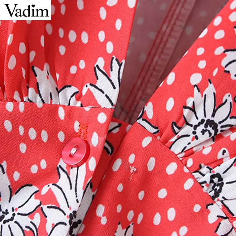 Vadim женское красное платье миди с цветочным принтом и v-образным вырезом, рукав три четверти, плиссированное женское Повседневное платье до середины икры, ТРАПЕЦИЕВИДНОЕ ПЛАТЬЕ QB290