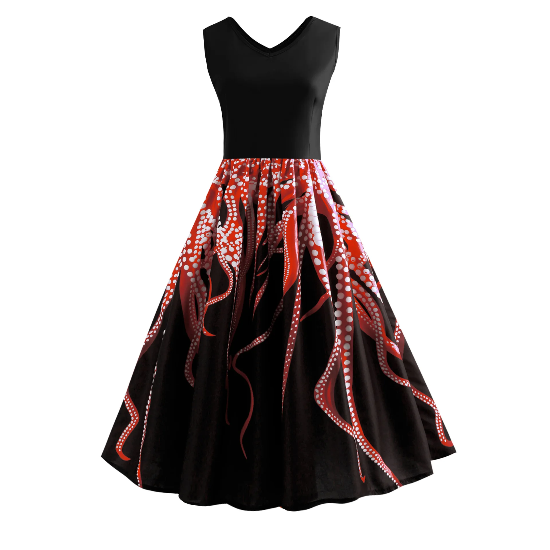

Print V Neck Summer Dress Women Sleeveless Sexy Elegant Party Dresses Retro Hepburn Robe Vintage 50s 60s Rockabilly Swing Dress