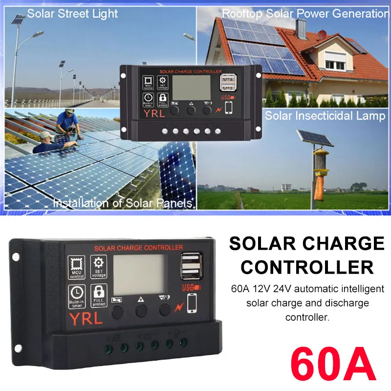 

PWM Solar Controller Solar Panel Charger Multifunctional LCD Display 60A PWM Dual USB Inverters Regulator