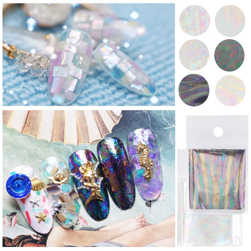 

Holographic Nail Foil Set 5*20cm Transparent AB Transfer Sticker 3D shell star Manicure Nail Art Decals glass sticker BZ061