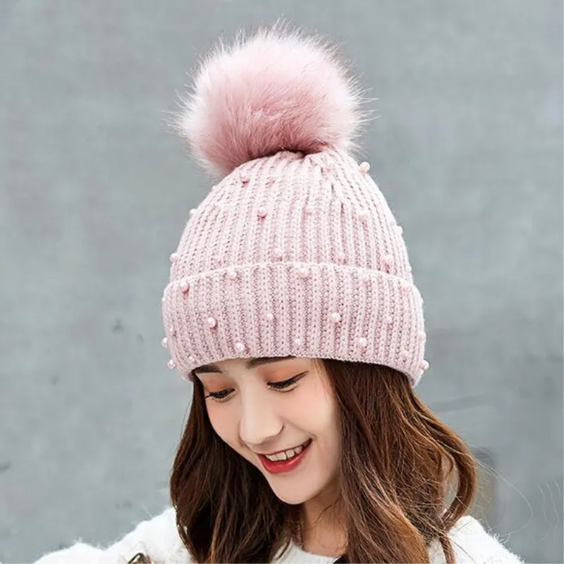 Winter Beanie Women's Pearl Curled Hat Pompom Thick Warm Hats 2018 New
