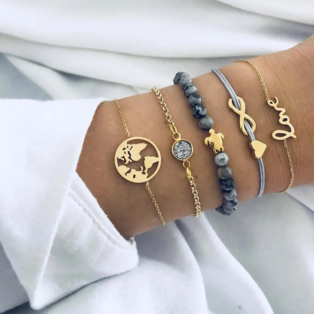 

KINFOLK 5 Pcs/Set Punk Turtle Map Heart Letter Love Crystal Beads Chain Multilayer Pendant Gold Bracelet Set Charm Girl Jewelry
