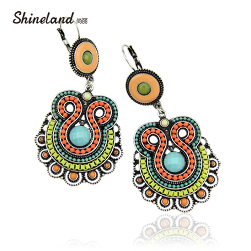 

Shineland 2019 New Women Fashion Bohemia Ethnic Style Silver Color Multicolor Enamel Beads Statement Big Drop Earrings Jewelry
