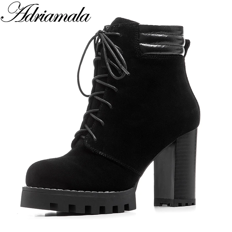 

2018 Genuine Leather Sexy High Heels Ankle Boots For Women Real Leather Round Toe Lace Up Thick Heels Platform Boots Adriamala