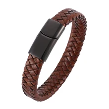 Винтаж мужской браслет коричневый плетеный кожаный Веревка браслет для мужчин Jewelry нержавеющей магнитный браслет со стальными элементами панк человек Bracelete SP0020