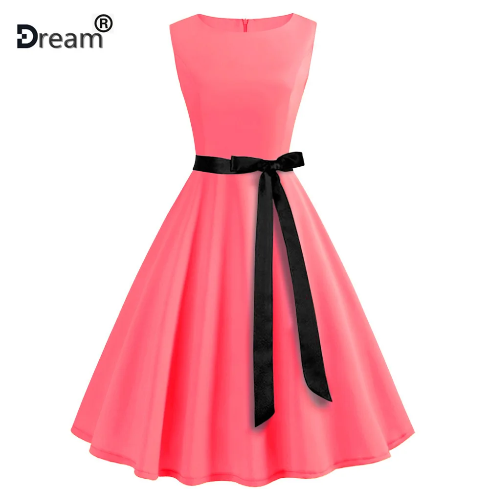 

Pink Sleeveless Elegant Office Party Dress Women Summer Casual Midi Dresses 50s 60s Vintage Robe Femme Rockabilly Swing Dress