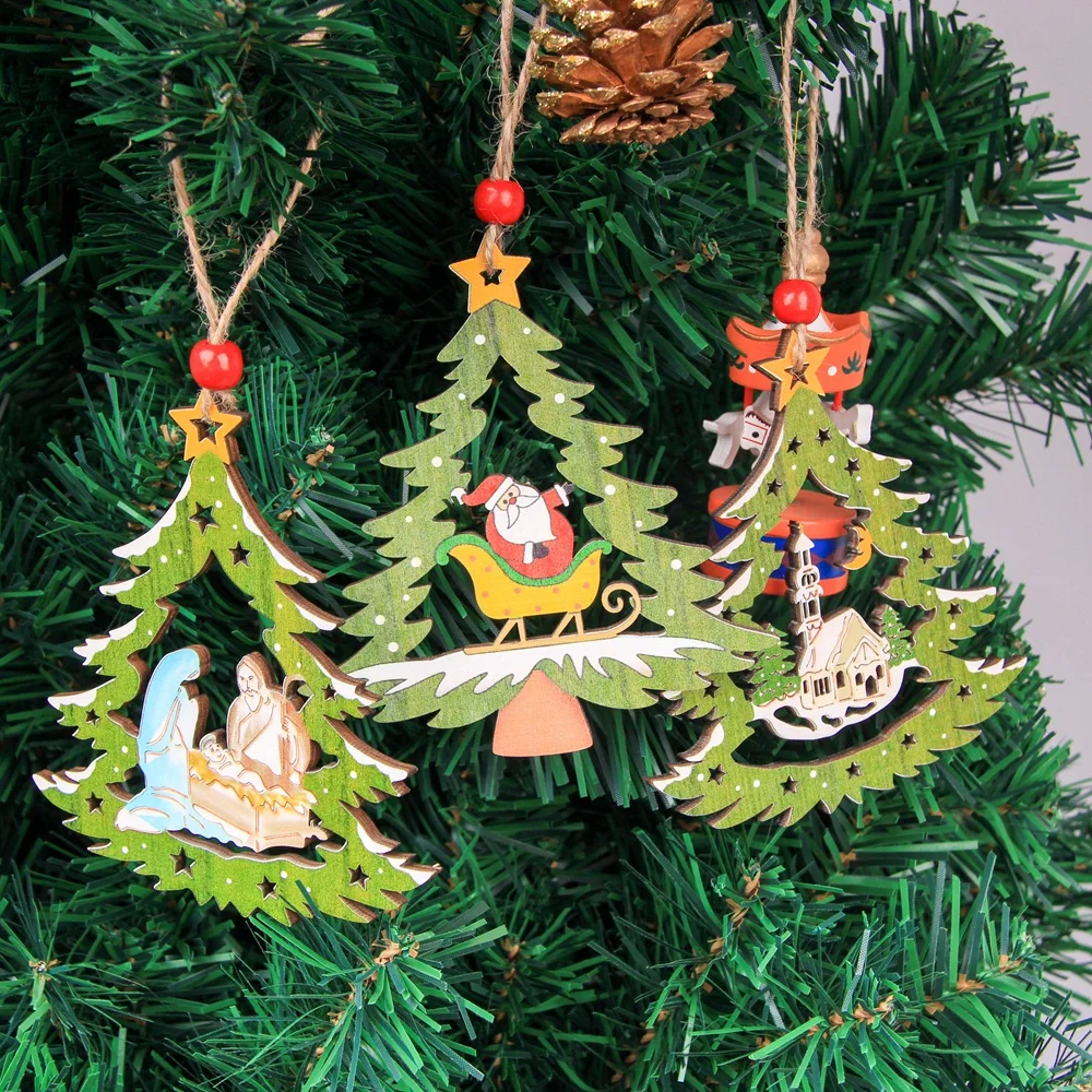 3PCS Tree Shape Christmas Wooden Pendants Ornaments Home Shopping Mall