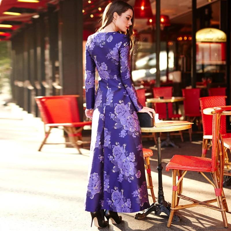 

Elegant Chinese Button Women Long Sleeve Maxi Dress Printed Spring Pleated Slim Fit & Flare Dresses Plus Size XXXL Purple 5566