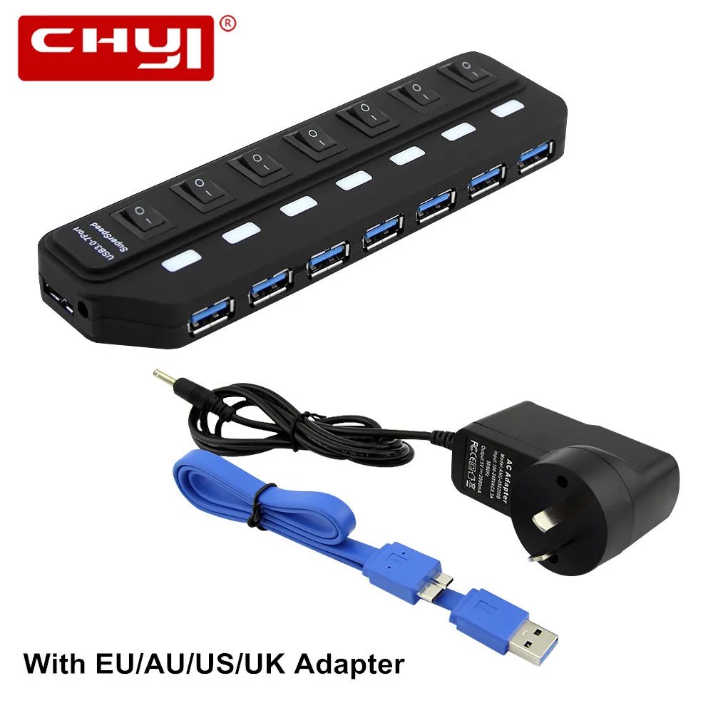 

USB Hub 3.0 with UK/US/EU/AU Power Adapter 7 Port High Speed 5Gbps USB 3.0 Hub USB Splitter for USB Flash Drives PC Accessories